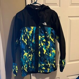 The North Face Black and Blue Camo Jacket with Yellow Accents for Boys